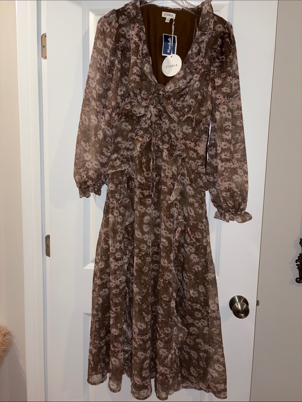 Storia Brown and Dusty Pink Floral Ruffle Midi Dress